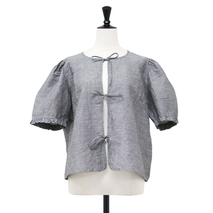 25春夏 オープンリボン ブラウス / OPEN RIBBON BLOUSE 半袖 5分丈 ボリュームスリーブ ラウンドネック ギャザー フリル ワイド チェック コンパクト リネン コットン