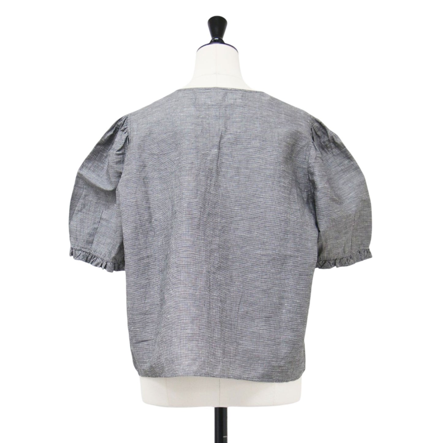 25春夏 オープンリボン ブラウス / OPEN RIBBON BLOUSE 半袖 5分丈 ボリュームスリーブ ラウンドネック ギャザー フリル ワイド チェック コンパクト リネン コットン