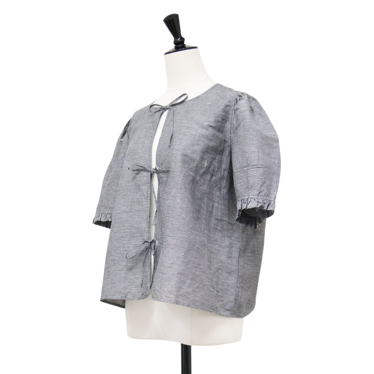 25春夏 オープンリボン ブラウス / OPEN RIBBON BLOUSE 半袖 5分丈 ボリュームスリーブ ラウンドネック ギャザー フリル ワイド チェック コンパクト リネン コットン