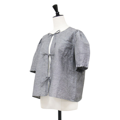 25春夏 オープンリボン ブラウス / OPEN RIBBON BLOUSE 半袖 5分丈 ボリュームスリーブ ラウンドネック ギャザー フリル ワイド チェック コンパクト リネン コットン
