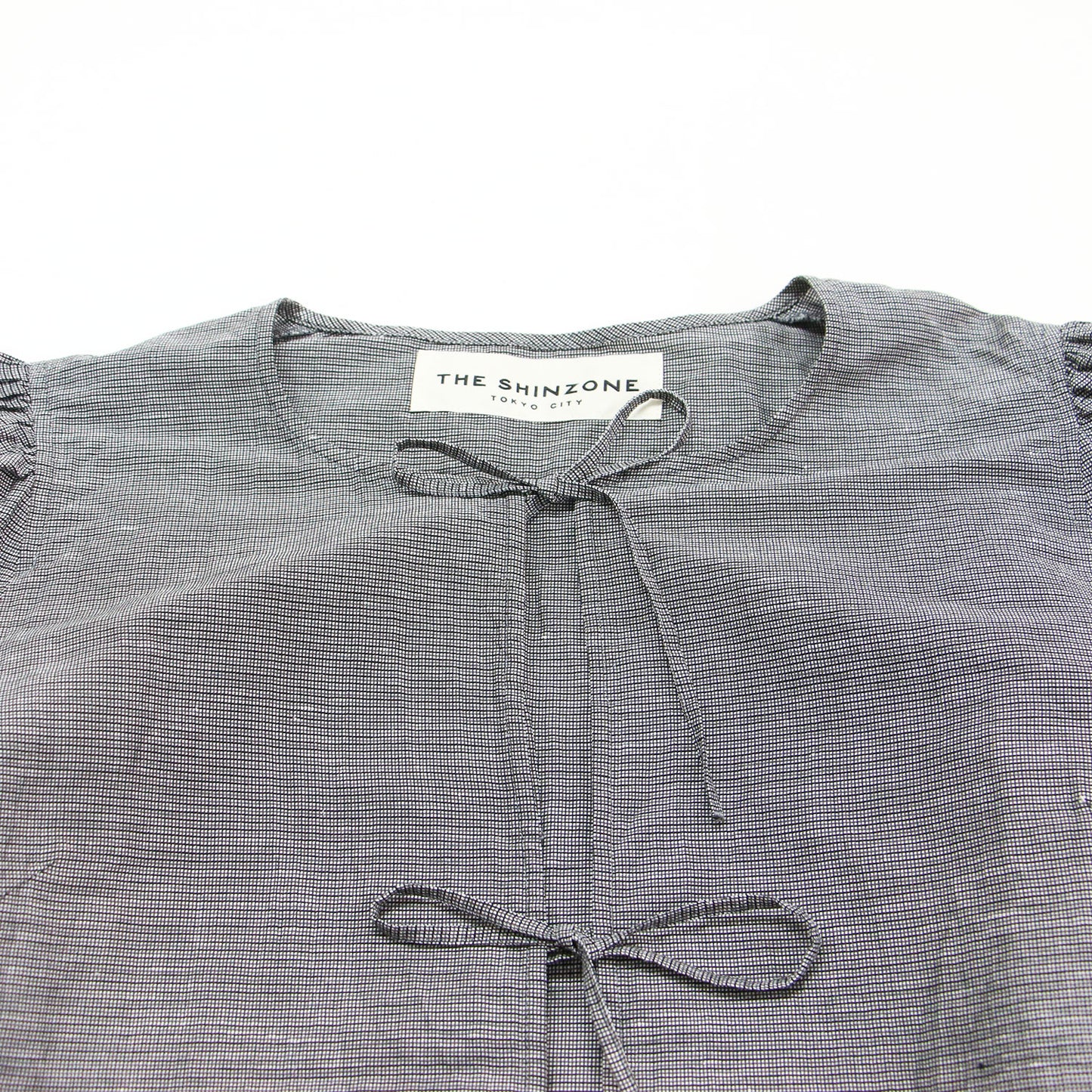 25春夏 オープンリボン ブラウス / OPEN RIBBON BLOUSE 半袖 5分丈 ボリュームスリーブ ラウンドネック ギャザー フリル ワイド チェック コンパクト リネン コットン