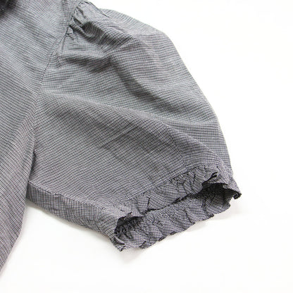 25春夏 オープンリボン ブラウス / OPEN RIBBON BLOUSE 半袖 5分丈 ボリュームスリーブ ラウンドネック ギャザー フリル ワイド チェック コンパクト リネン コットン