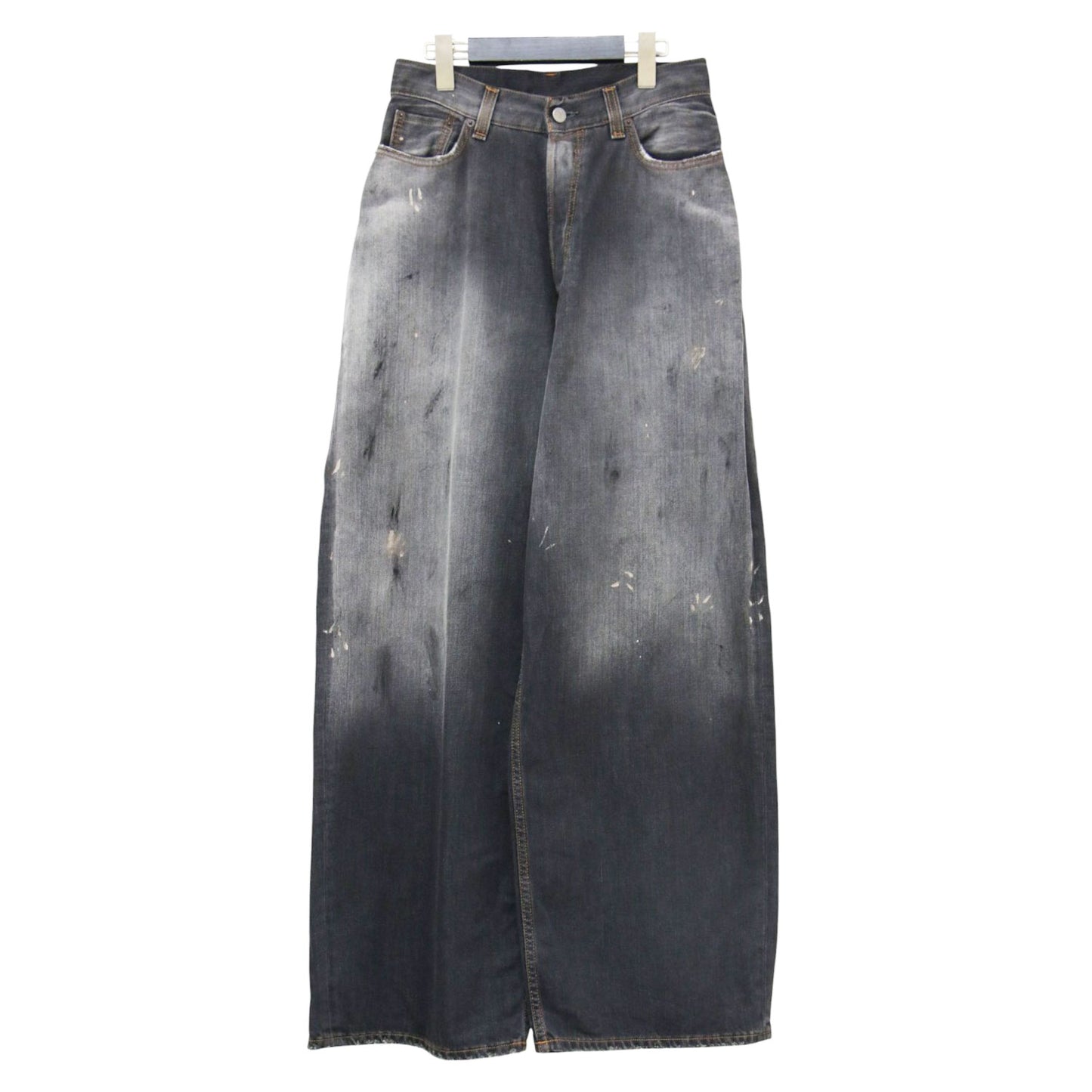 23秋冬 ペイント加工 デニムパンツ / FN Black Trafalgar ワイドパンツ 5ポケット ボタンフライ コットン 牛革