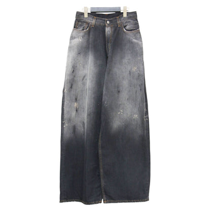 23秋冬 ペイント加工 デニムパンツ / FN Black Trafalgar ワイドパンツ 5ポケット ボタンフライ コットン 牛革