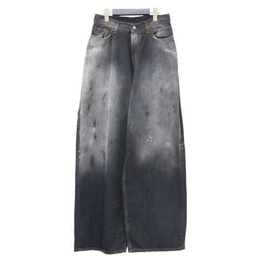 23秋冬 ペイント加工 デニムパンツ / FN Black Trafalgar ワイドパンツ 5ポケット ボタンフライ コットン 牛革
