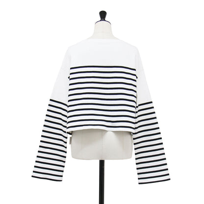 23春夏 EVERYDAY I LIKE クロップド ストライプ Tシャツ / Cropped Stripe プルオーバー ボートネック 長袖 ドロップショルダー オーバーサイズ コットン ウォッシャブル