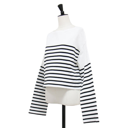 23春夏 EVERYDAY I LIKE クロップド ストライプ Tシャツ / Cropped Stripe プルオーバー ボートネック 長袖 ドロップショルダー オーバーサイズ コットン ウォッシャブル