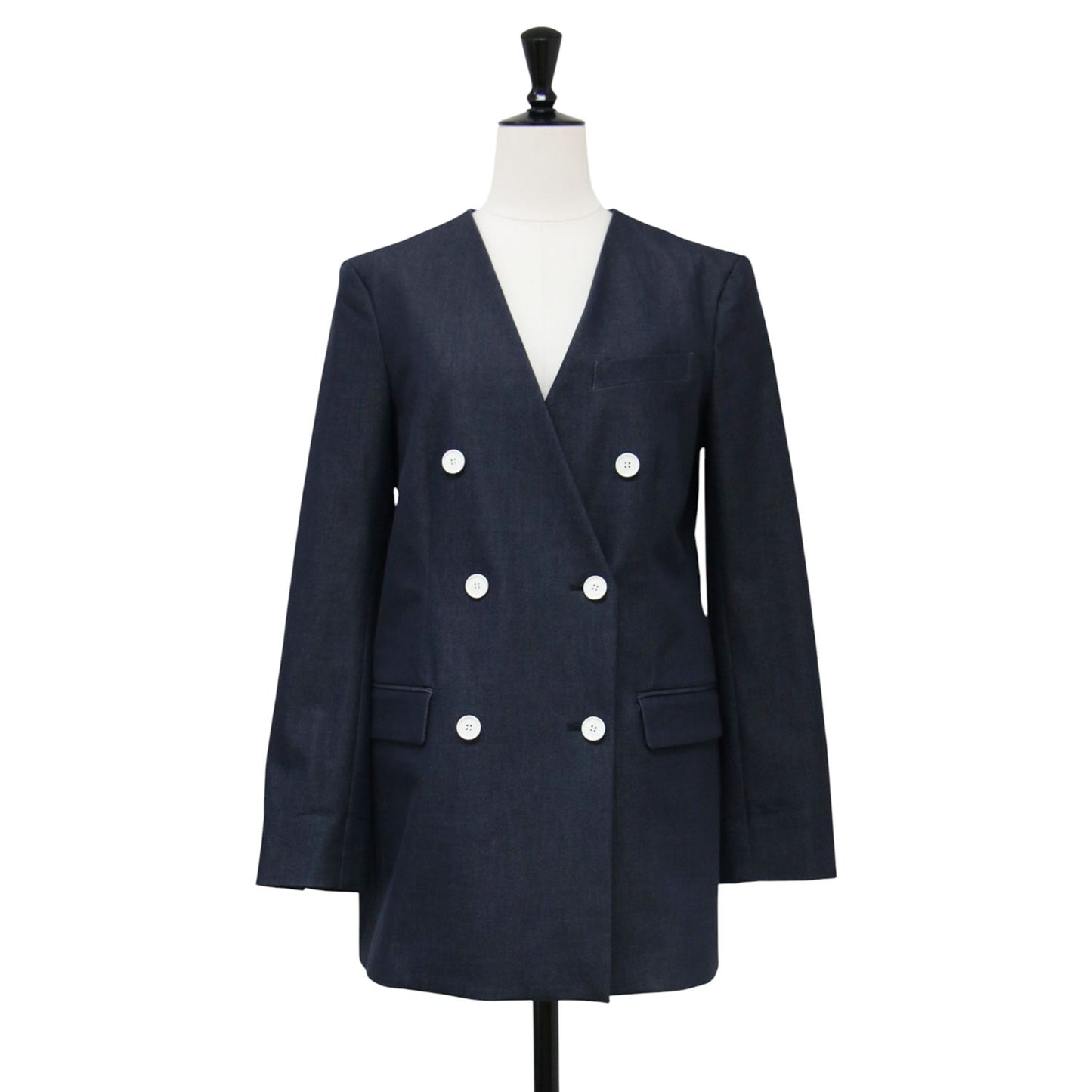 コットン ノーカラー ダブル デニムジャケット / DENIM.BLUE.SUITING JAME Vネック 長袖 ストレッチ