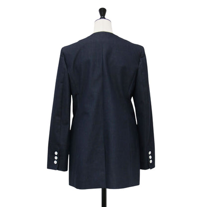 コットン ノーカラー ダブル デニムジャケット / DENIM.BLUE.SUITING JAME Vネック 長袖 ストレッチ