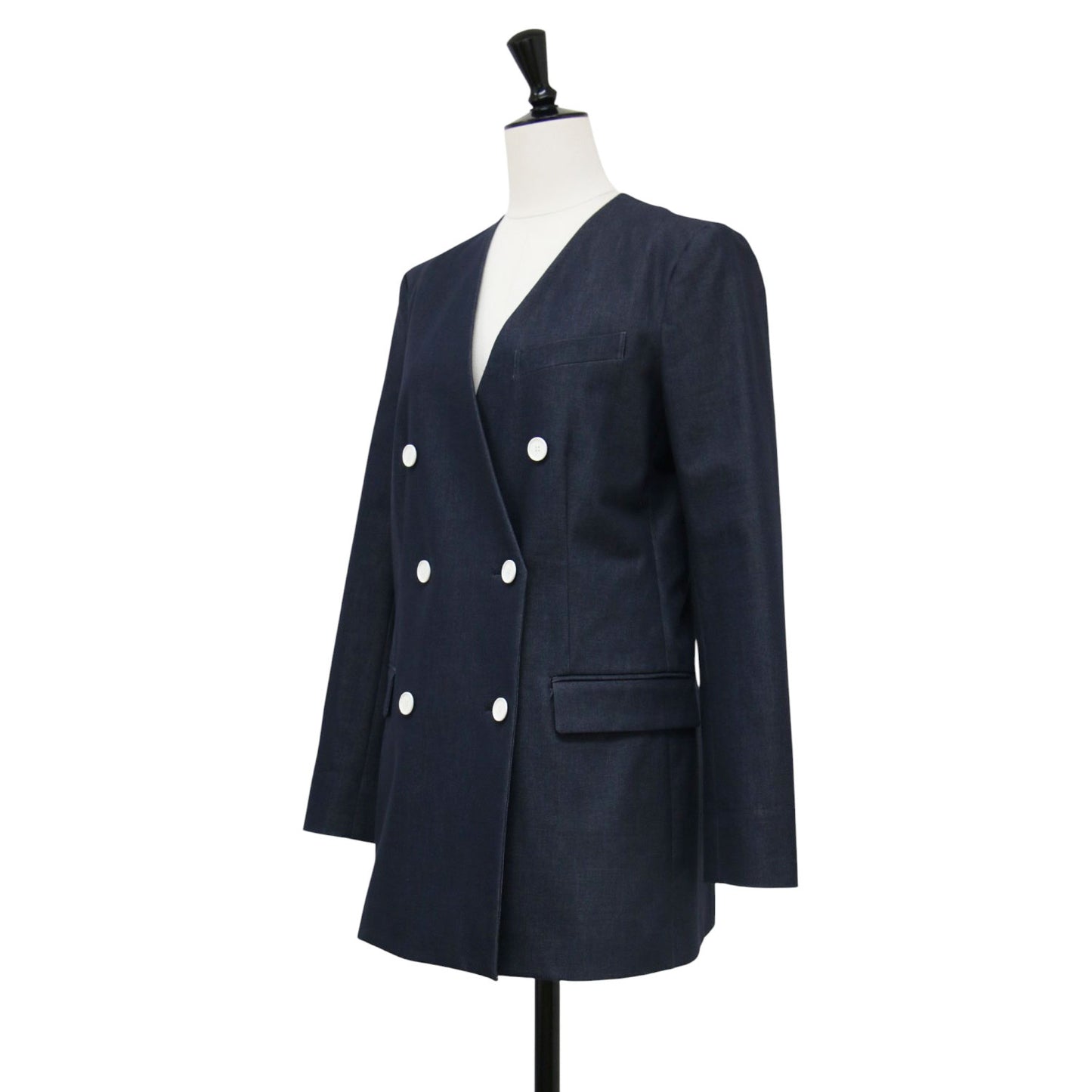 コットン ノーカラー ダブル デニムジャケット / DENIM.BLUE.SUITING JAME Vネック 長袖 ストレッチ