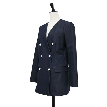 コットン ノーカラー ダブル デニムジャケット / DENIM.BLUE.SUITING JAME Vネック 長袖 ストレッチ