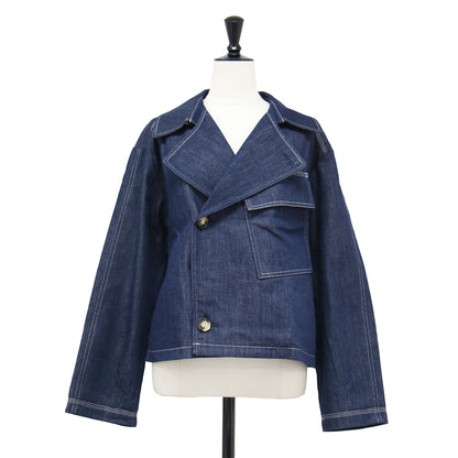 26春夏 コントラストステッチ デニムジャケット / 長袖 レギュラーカラー ダブルブレスト ワイド コンパクト 胸ポケット コットン