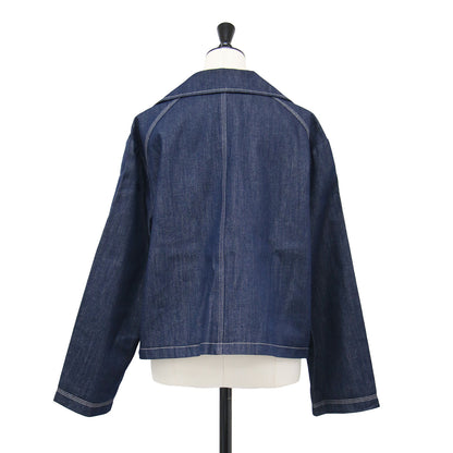 26春夏 コントラストステッチ デニムジャケット / 長袖 レギュラーカラー ダブルブレスト ワイド コンパクト 胸ポケット コットン