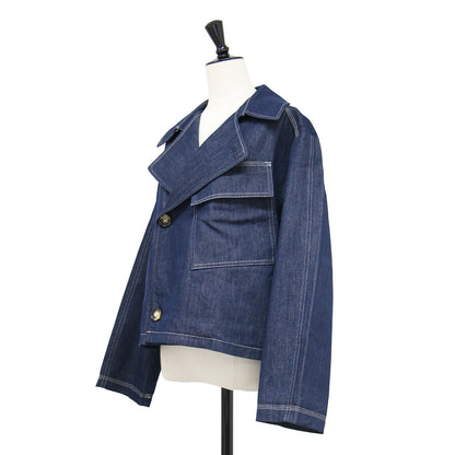 26春夏 コントラストステッチ デニムジャケット / 長袖 レギュラーカラー ダブルブレスト ワイド コンパクト 胸ポケット コットン