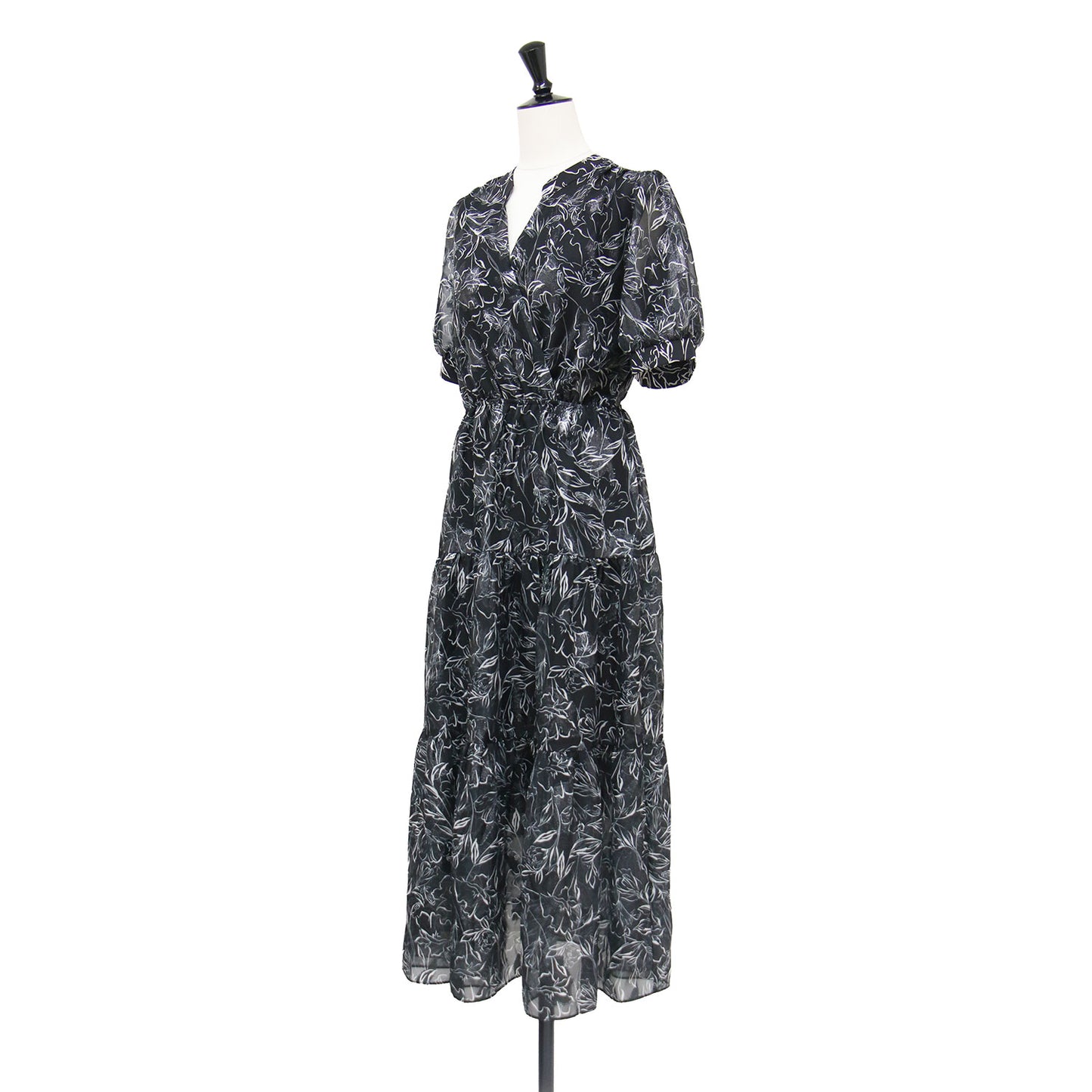 26春夏 スケッチフラワー シアー ラメ ワンピース / 半袖 パフスリーブ ロング丈 Vネック カシュクール ティアード フレア