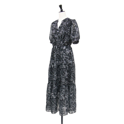 26春夏 スケッチフラワー シアー ラメ ワンピース / 半袖 パフスリーブ ロング丈 Vネック カシュクール ティアード フレア