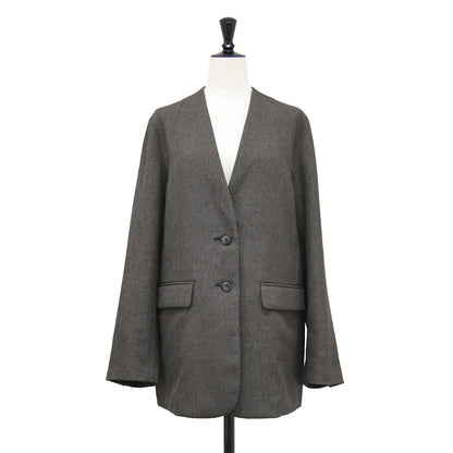 26春夏 シャークツイード ノーカラー ジャケット / 長袖 ミドル丈 2B シングル センターベンツ フラップポケット