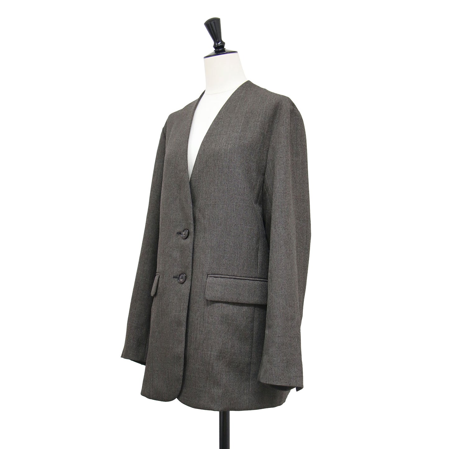 26春夏 シャークツイード ノーカラー ジャケット / 長袖 ミドル丈 2B シングル センターベンツ フラップポケット