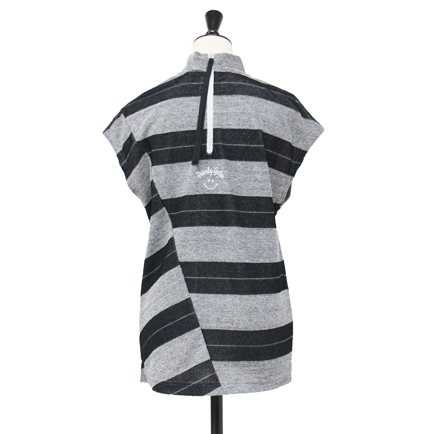 25春夏 パイルボーダー フレンチスリーブ モックネックカットソー / ゴルフウェア プルオーバー スリット ロゴ 刺繍