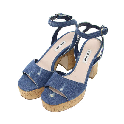 ダメージ加工 デニム サンダル / ハイヒール アンクルストラップ 厚底