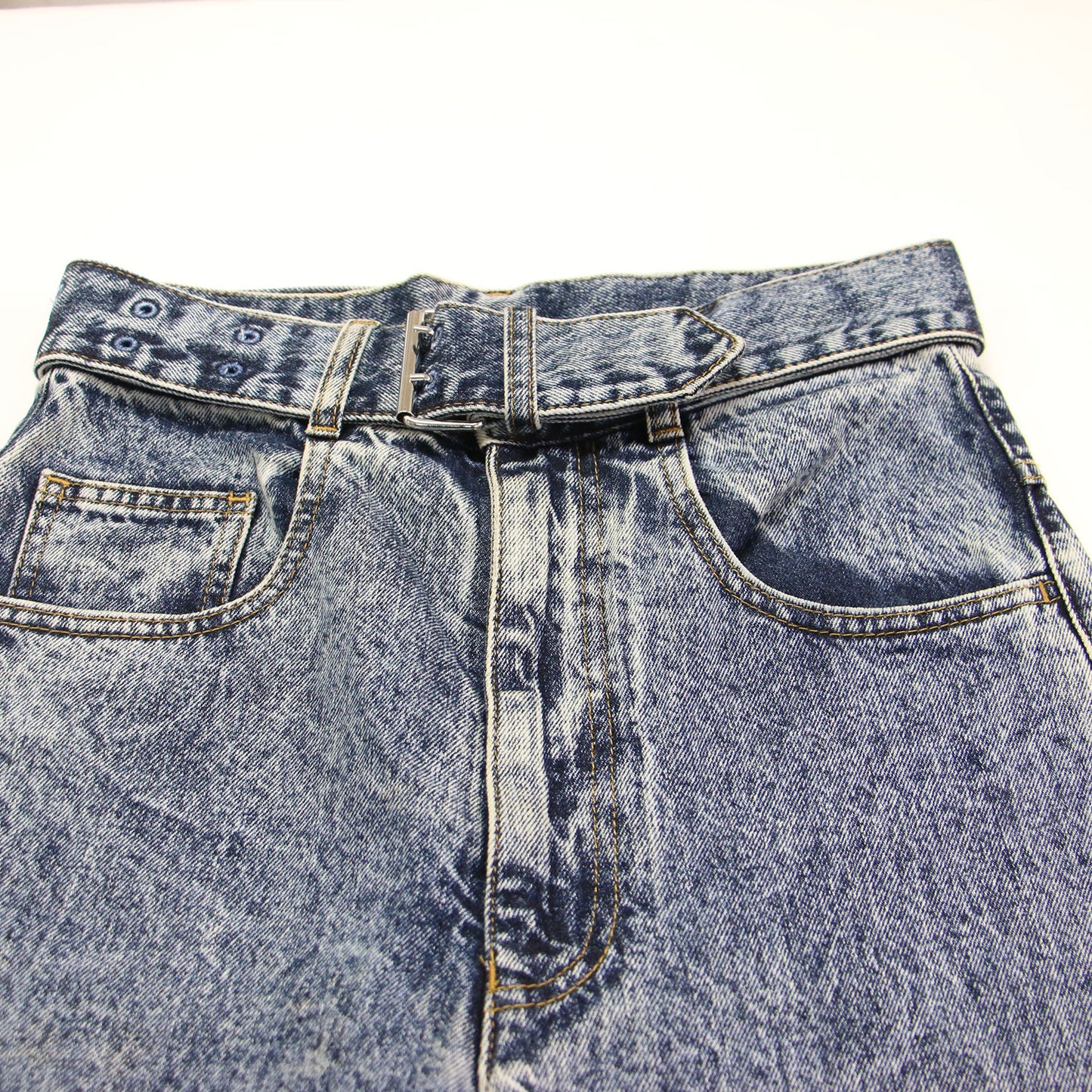 ベルテッドデニムパンツ / Belted Denim Pants フルレングス テーパード ベルト付き コットン ウォッシャブル