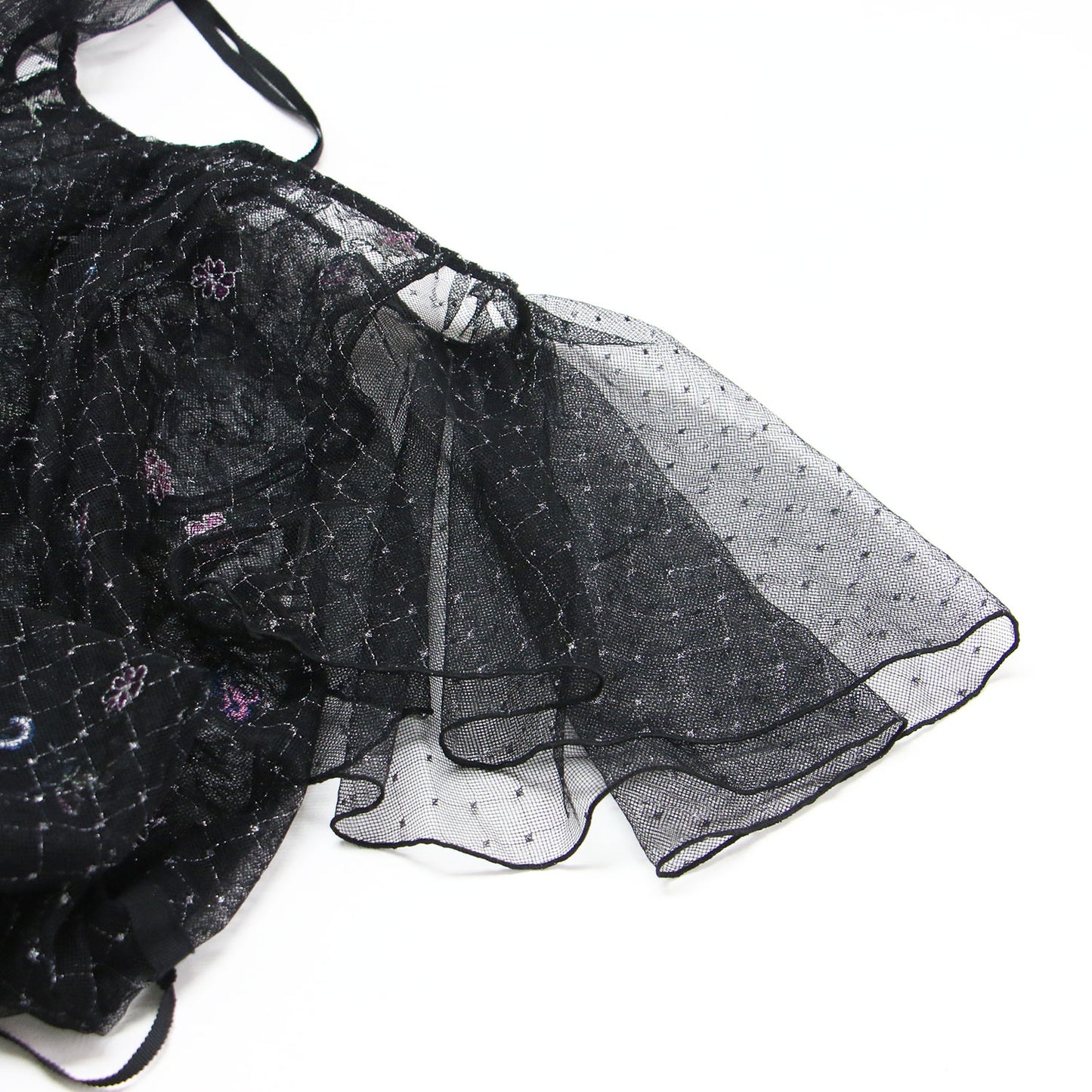 26春夏 フラワーエンブロイダリー チュールレイヤード ドレス / ワンピース 半袖 ロング丈 ボートネック 刺繍 セミフレア ラメドット グログランリボン