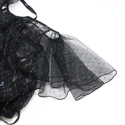 26春夏 フラワーエンブロイダリー チュールレイヤード ドレス / ワンピース 半袖 ロング丈 ボートネック 刺繍 セミフレア ラメドット グログランリボン