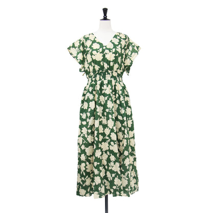 エリオポール シアサッカー プリントワンピース / ドレス SEERSUCKER PRINTED DRESS フレンチスリーブ ロング丈 Vネック ウエストシャーリング Aラインシルエット