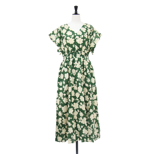 エリオポール シアサッカー プリントワンピース / ドレス SEERSUCKER PRINTED DRESS フレンチスリーブ ロング丈 Vネック ウエストシャーリング Aラインシルエット