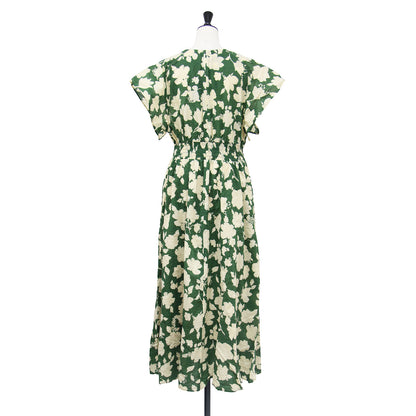 エリオポール シアサッカー プリントワンピース / ドレス SEERSUCKER PRINTED DRESS フレンチスリーブ ロング丈 Vネック ウエストシャーリング Aラインシルエット