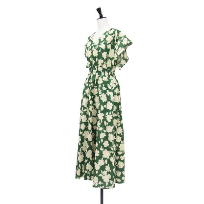 エリオポール シアサッカー プリントワンピース / ドレス SEERSUCKER PRINTED DRESS フレンチスリーブ ロング丈 Vネック ウエストシャーリング Aラインシルエット