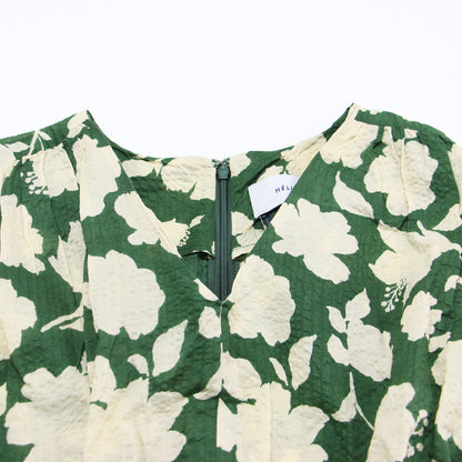 エリオポール シアサッカー プリントワンピース / ドレス SEERSUCKER PRINTED DRESS フレンチスリーブ ロング丈 Vネック ウエストシャーリング Aラインシルエット