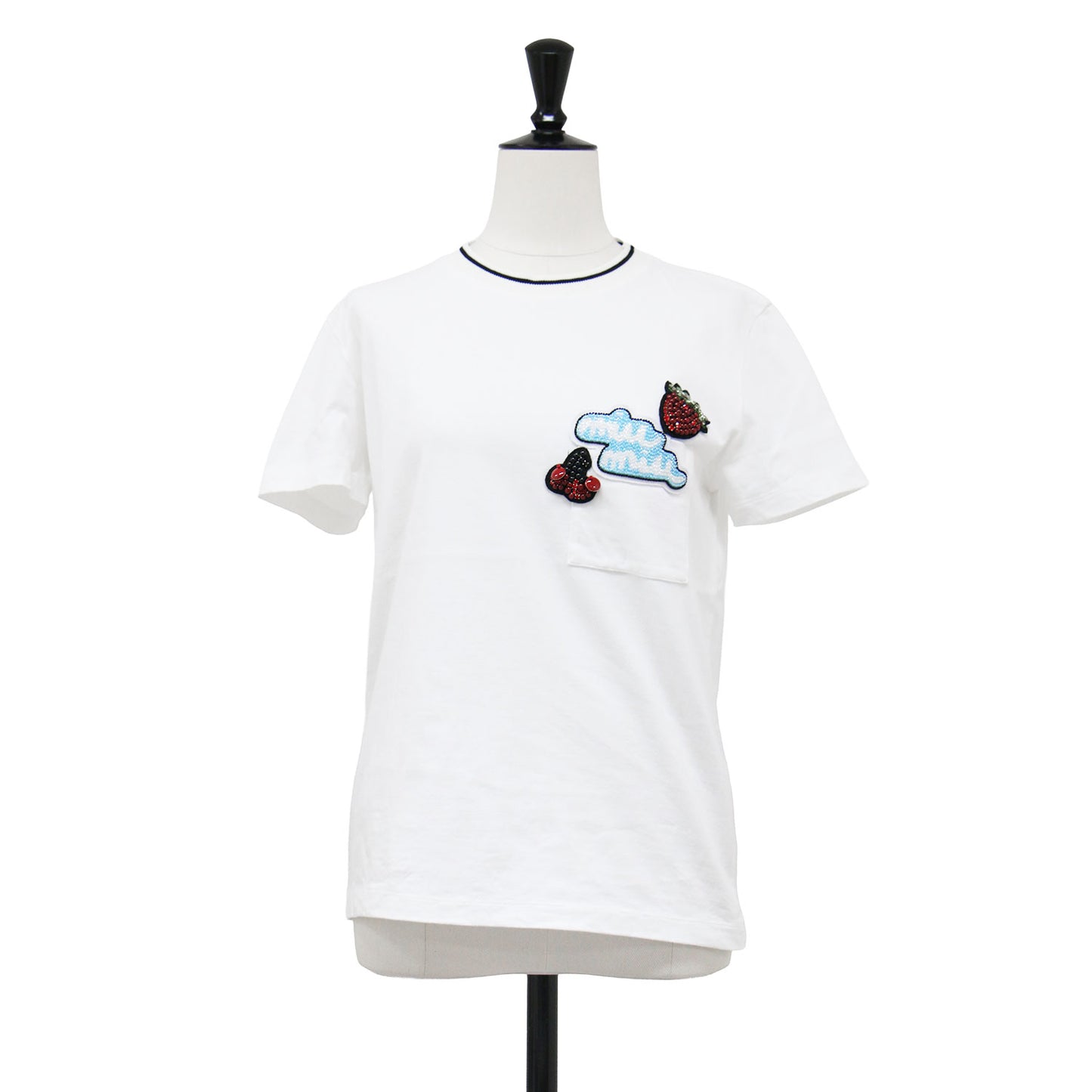 ビーズワッペン 半袖 Tシャツ / カットソー ハーフスリーブ クルーネック ライン ロゴ イチゴ チェリー