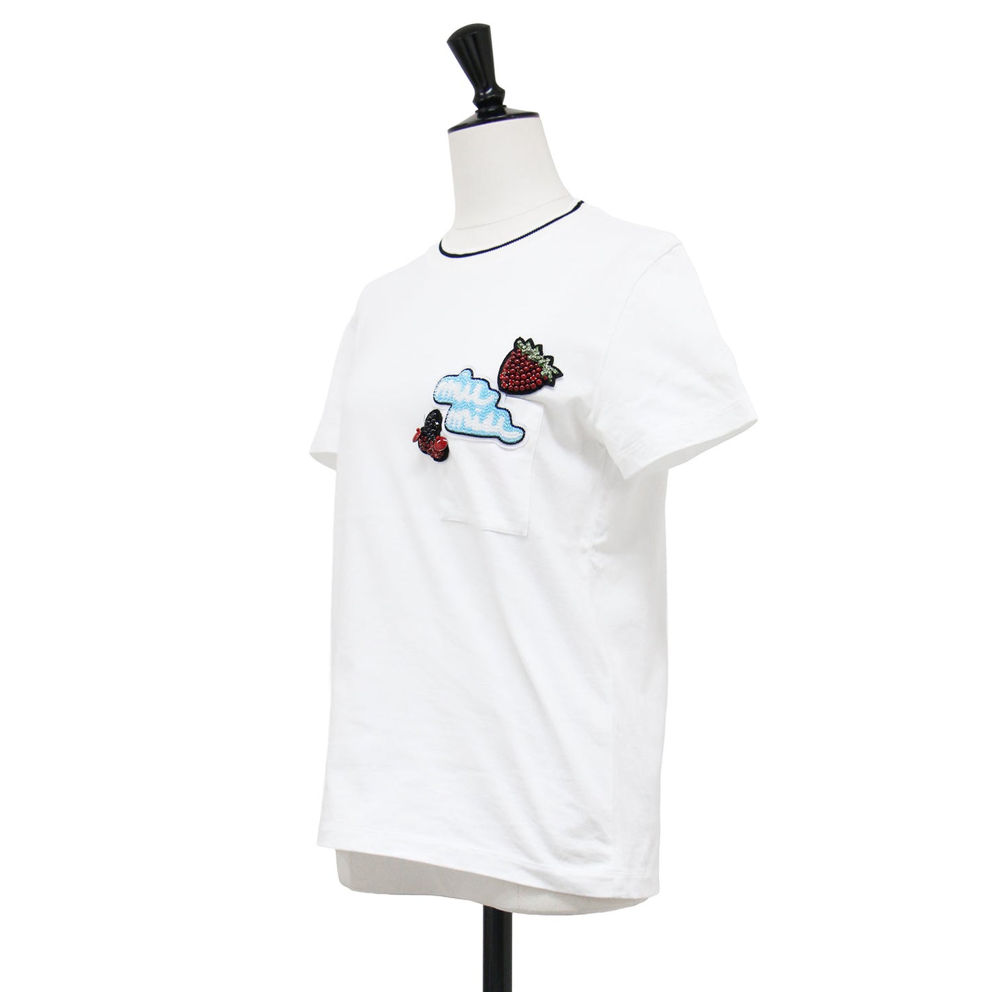 ビーズワッペン 半袖 Tシャツ / カットソー ハーフスリーブ クルーネック ライン ロゴ イチゴ チェリー