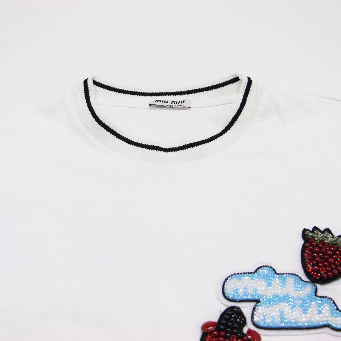 ビーズワッペン 半袖 Tシャツ / カットソー ハーフスリーブ クルーネック ライン ロゴ イチゴ チェリー
