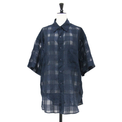 24春夏 シアー ワイド シャツ / SHEER WIDE SHIRTS ブラウス レギュラーカラー 半袖 チェック柄 コットン