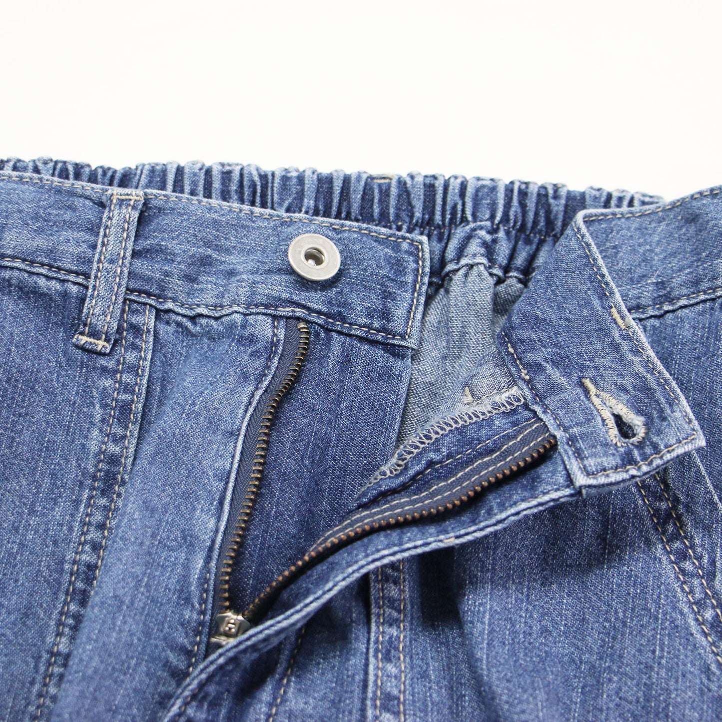 25秋冬 OMALI フロントパンツ バックスカート デニム / バギー クロップド丈 Aライン フレア ウエストゴム コットン ウォッシャブル