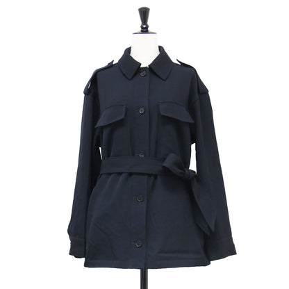 26春夏 ウールギャバジン ダブルパッチポケット ジャケット / シャツ 長袖 ステンカラー リボンベルト
