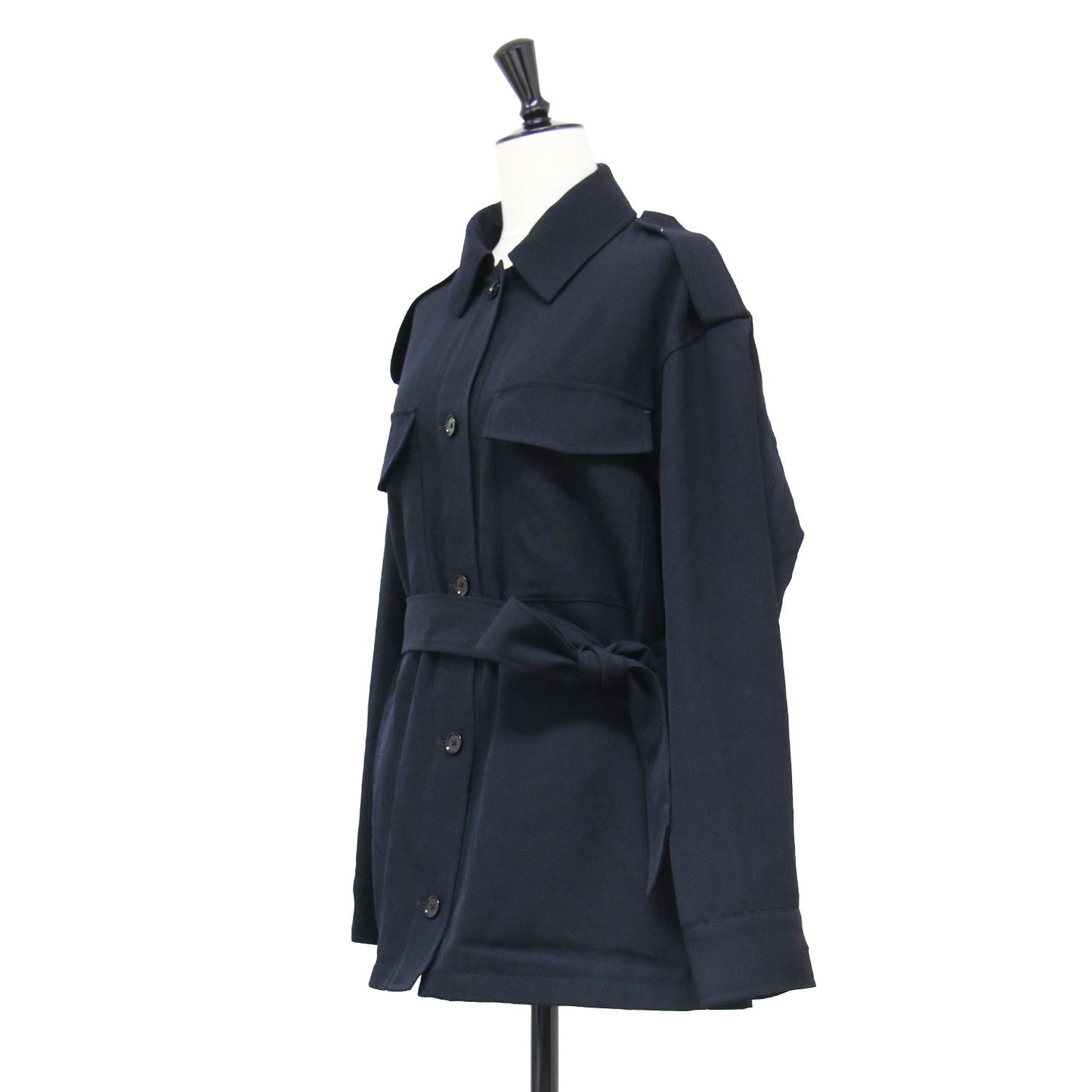26春夏 ウールギャバジン ダブルパッチポケット ジャケット / シャツ 長袖 ステンカラー リボンベルト