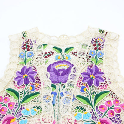 カロチャ刺繍 ベスト / 羽織り ショート丈 ノースリーブ シアー レース フラワーモチーフ 花柄 微光沢 ヴィンテージ