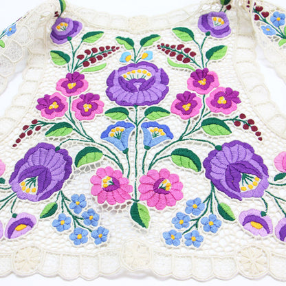 カロチャ刺繍 ベスト / 羽織り ショート丈 ノースリーブ シアー レース フラワーモチーフ 花柄 微光沢 ヴィンテージ