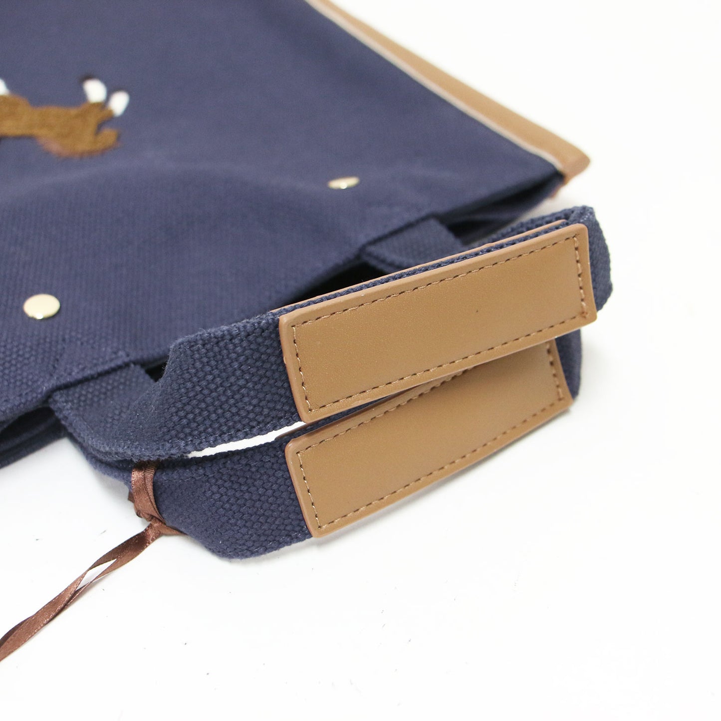 ワンポイント刺繍トートバッグ / ハンドバッグ スクエア型 ダブルハンドル キャンバス メタルパーツ パイピング レザー