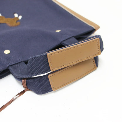 ワンポイント刺繍トートバッグ / ハンドバッグ スクエア型 ダブルハンドル キャンバス メタルパーツ パイピング レザー