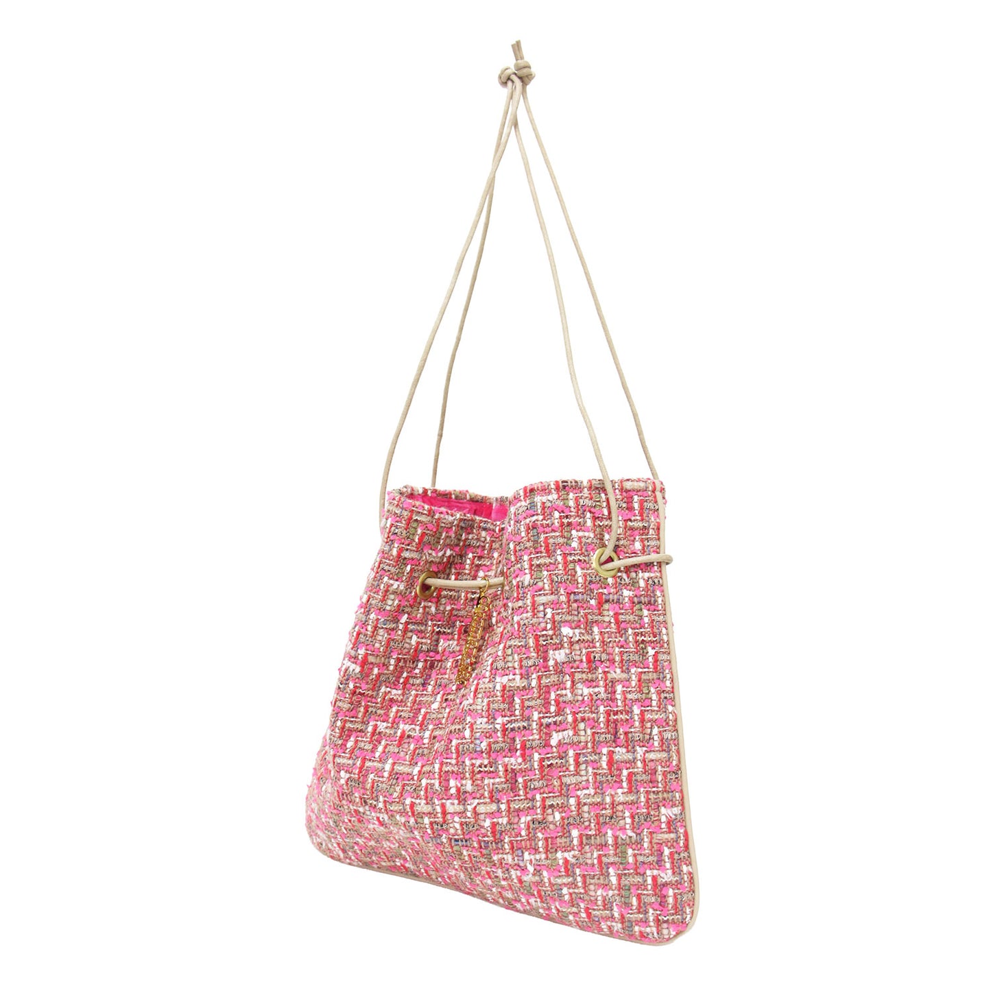 ツイード 巾着 バッグ / Tweed Bag ポシェット ハンドバッグ ショルダー パイピング ブランドロゴ メタルパーツ チャーム 凹凸