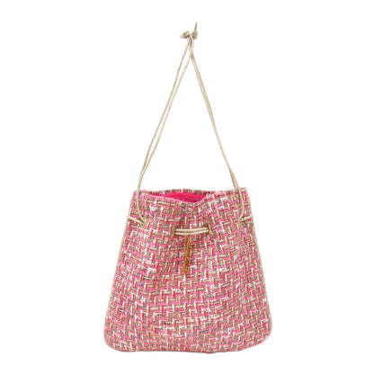 ツイード 巾着 バッグ / Tweed Bag ポシェット ハンドバッグ ショルダー パイピング ブランドロゴ メタルパーツ チャーム 凹凸