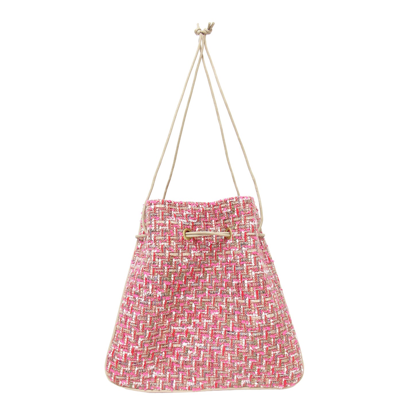 ツイード 巾着 バッグ / Tweed Bag ポシェット ハンドバッグ ショルダー パイピング ブランドロゴ メタルパーツ チャーム 凹凸