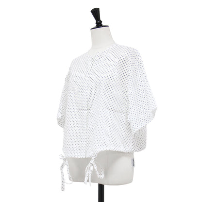 ドット ドローストリング シャツ / dots drawstring shirt プルオーバー クロップド丈 クルーネック ノーカラー 半袖 ドロップショルダー 薄手 総柄 比翼ボタン コットン ウォッシャブル