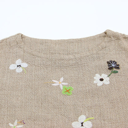 フラワー 刺繍 ツイードブラウス / プルオーバー 半袖 ボートネック アップリケ ロゴ コットン