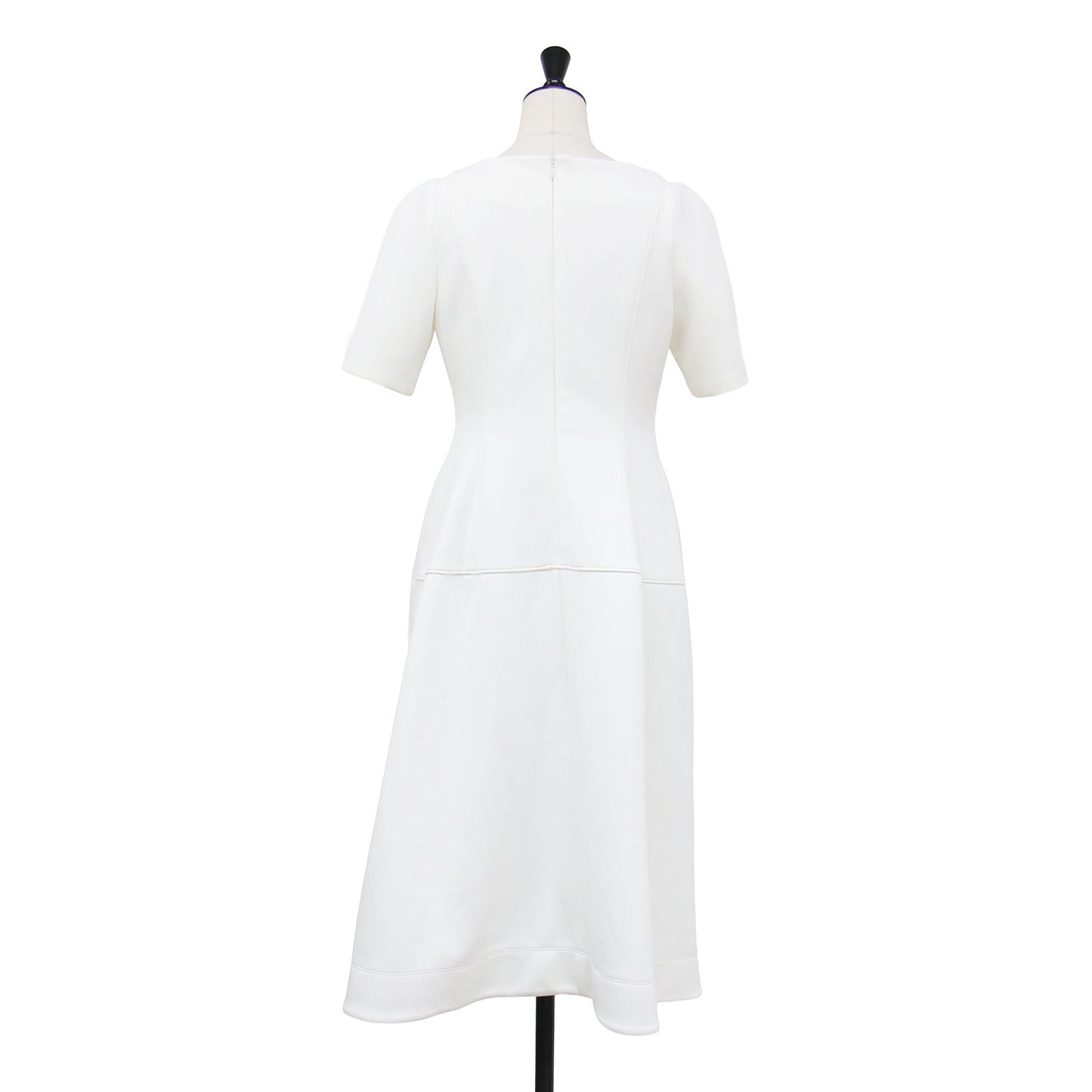24春夏 ハーフスリーブ ポンチ ワンピース / ドレス 半袖 ミモレ丈 ロング丈 ボートネック ランタンシルエット フレア ストレッチ ウォッシャブル