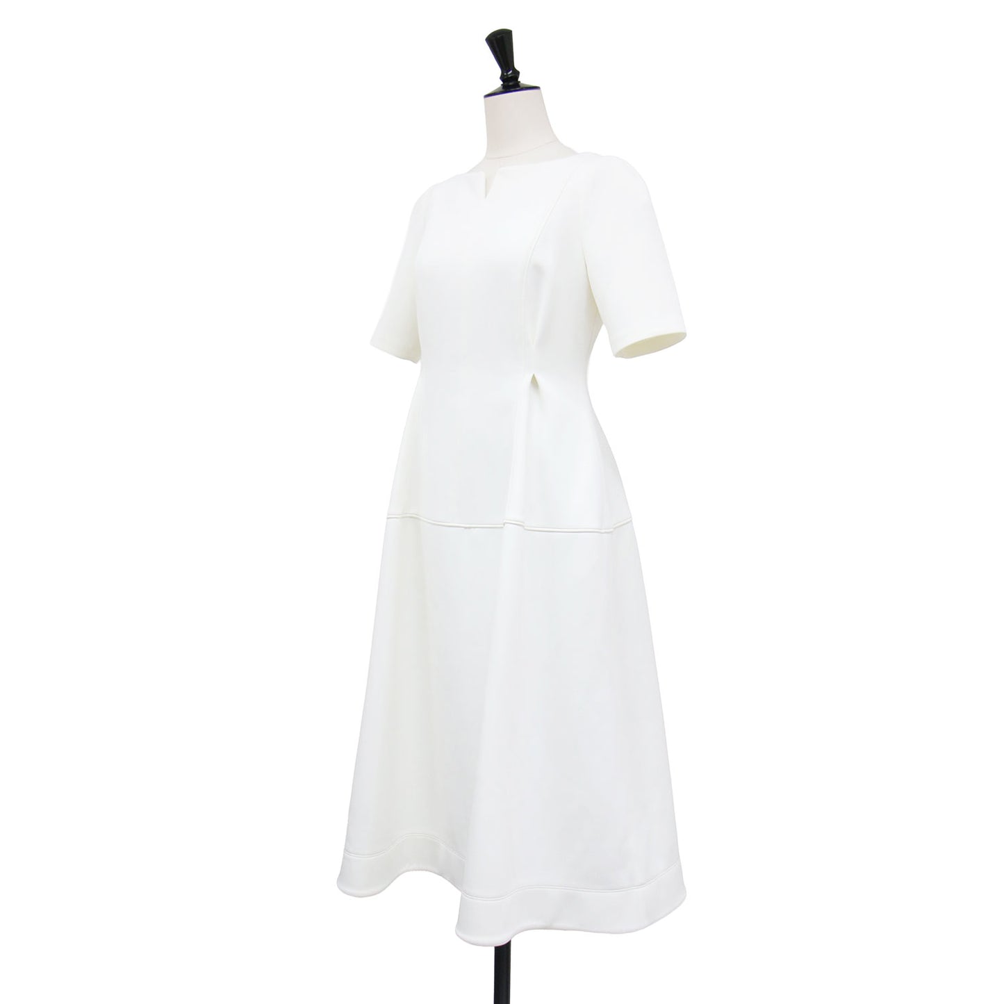 24春夏 ハーフスリーブ ポンチ ワンピース / ドレス 半袖 ミモレ丈 ロング丈 ボートネック ランタンシルエット フレア ストレッチ ウォッシャブル